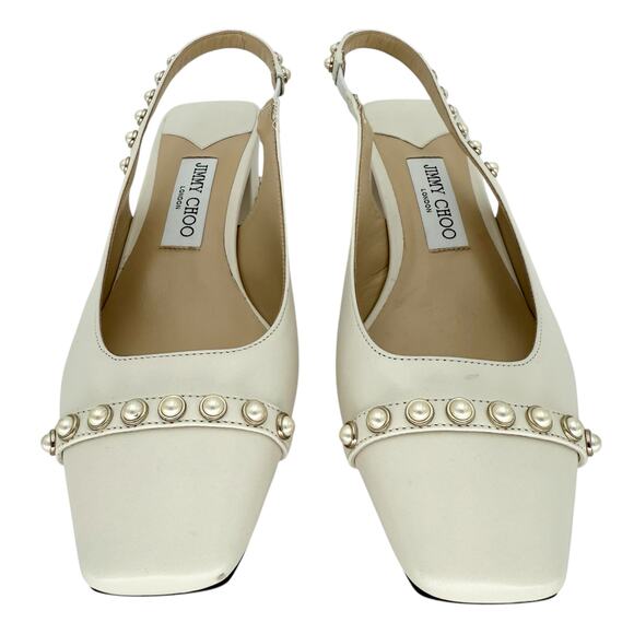 JIMMY CHOO Hya 45mm Faux Pearl Embellished Leather Pumps EU 38.5 US 8.5 Ivory - Picture 3 of 10